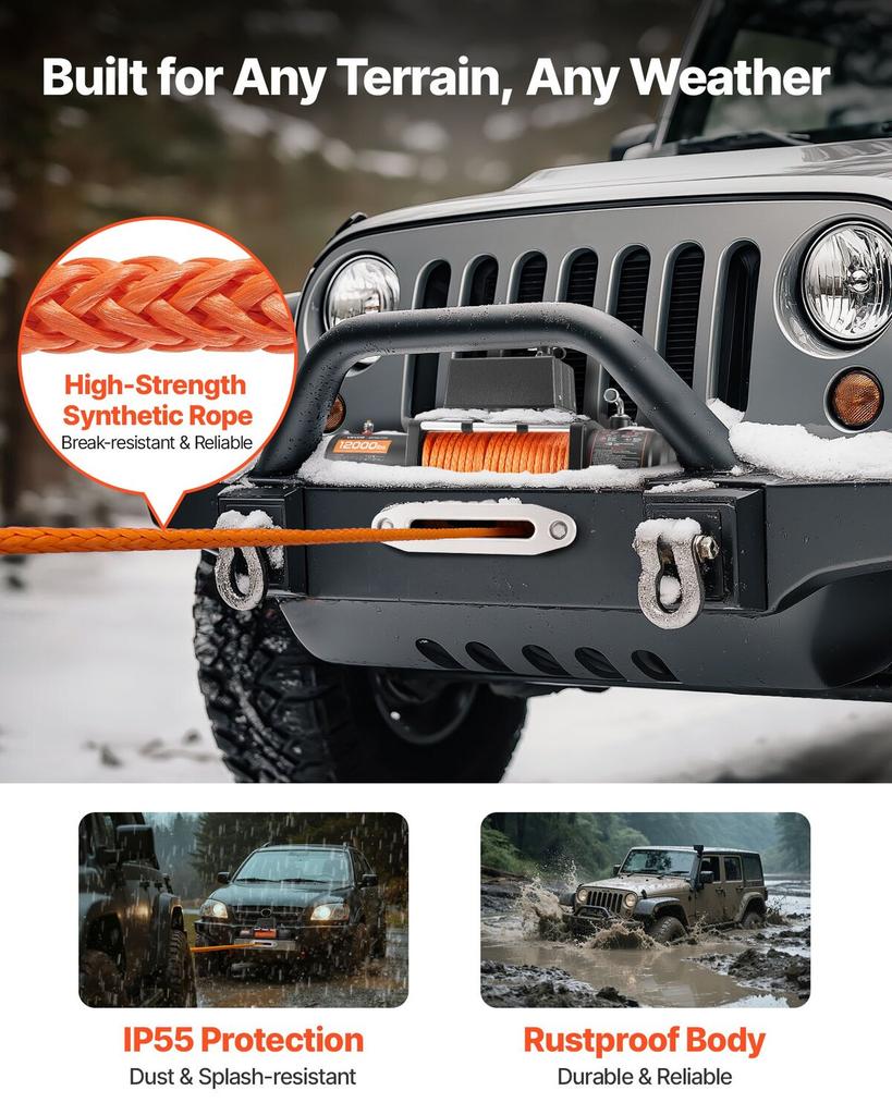 Electric Winch, 5400 kg Load Capacity, 12V DC Truck Winch with 9.1 mm x 23 m Synthetic Rope, Wireless & Wired Remote Control, IP55 Waterproof for