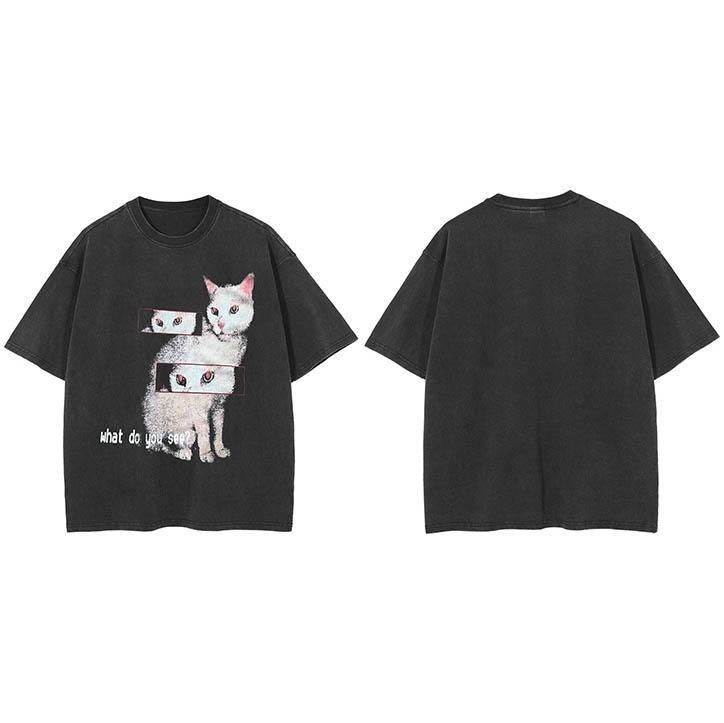 

Hip Hop Faded Black TShirt Streetwear Animal Graphic T Shirt Cat Eyes Printed Men Tshirt Cotton Tops Tees Hipster S