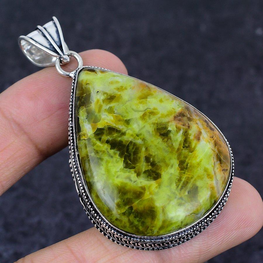 Swiss Green Opal Gemstone Handmade 925 Sterling Silver Pendant 2.48" D4K77