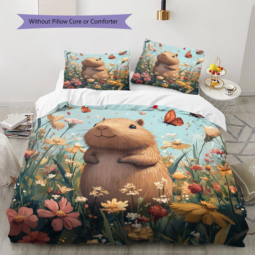 Capybara und Grasland Muster Bettwäsche Heimdekoration Geburtstagsgeschenk (1 Bettbezug + 2 Kissenbezüge, ohne Füllung)