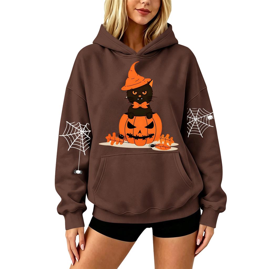 Women's Halloween Print Drop Shoulder Hoodie Loose Fit Casual Pullover