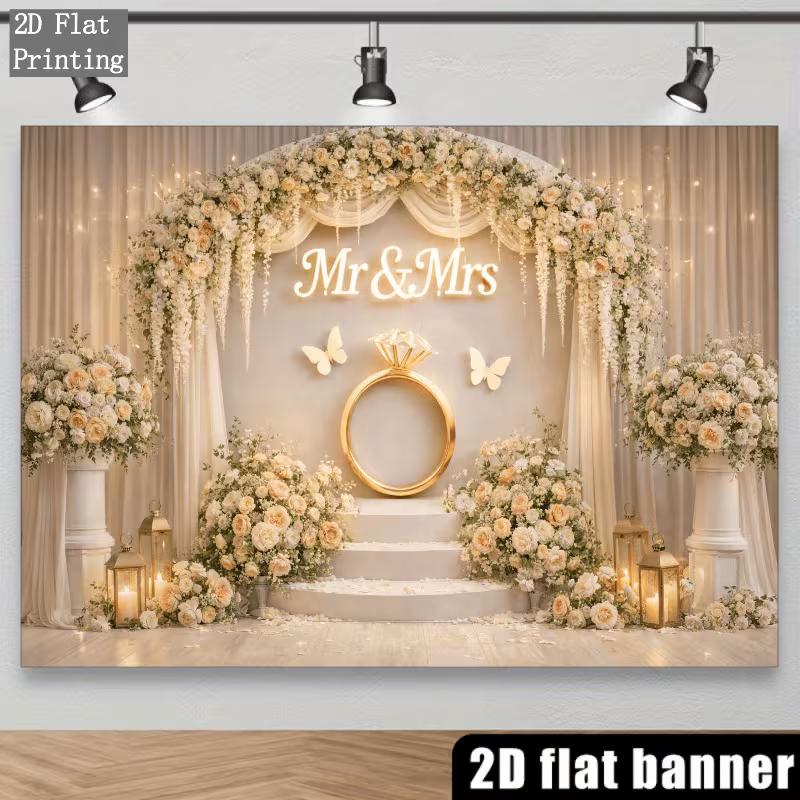 2D Wedding Photography Backdrop, "Mr & Mrs" with Floral Arch & Gold Ring Celebration Background