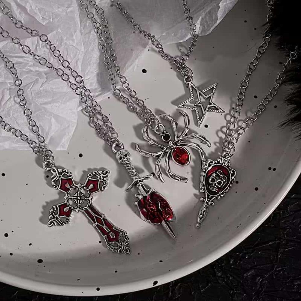 5pcs Set Gothic Punk Star Spider Cross Sword Skull Pendant Necklace for Women Men Halloween Party Daily Wear Aesthetic Jewelry