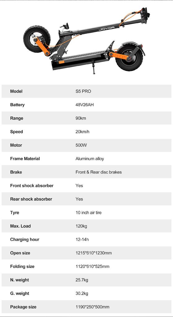 JOYOR S5 Pro (ABE) Electric Scooter 500W Motor, 48V 26Ah Battery, 10" Tire, 20km/h Speed Adults E-scooter