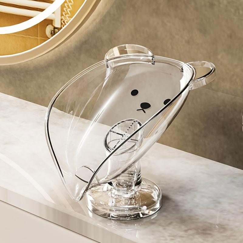 [Clear Plastic Soap Dish] Adhesive-Free Clear Plastic Oval Soap Dish with Suction Cup and Drainage Hole | Cartoon Bear Design,No-Drill Soap Holder