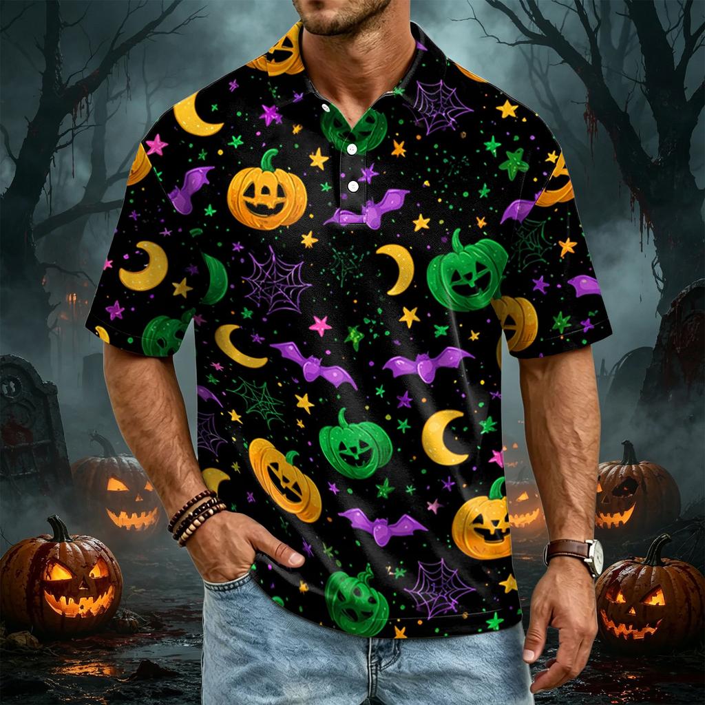 Men’s Casual Quick Dry Mesh Golf Polo Shirt Halloween Printed Short Sleeve Lightweight Breathable Top for Outdoor Sports Activities