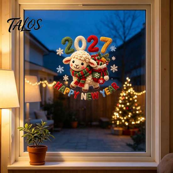 Holiday Window Decor Happy New Year Cling, 2027 Crochet Sheep Snowflake Easy Apply Static Decals Glas Sticker, Reusable Christmas Decoration