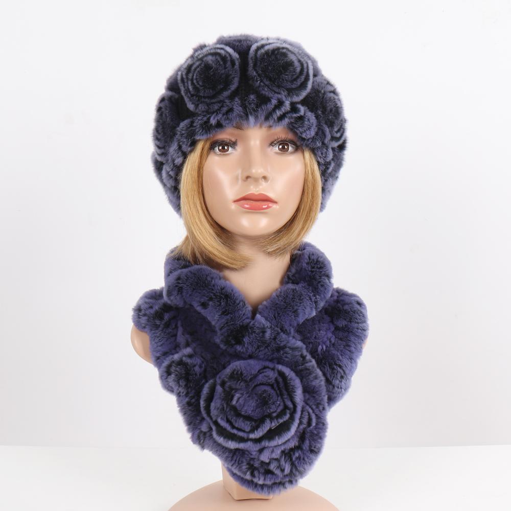 Нові Жіночі Зимові Хутряні Шапки Шарфи Набори Натуральні Теплі Справжні Шапки з Хутра Кролика Рекс Шарфи Леді В'язані Шапки з Натурального Хутра Шарф