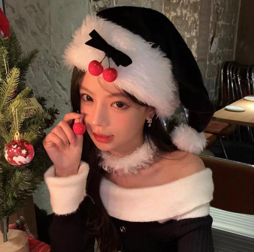 Fashion Red Sweet Cherry Bow Plush Santa Hat Women Warm Windproof Ear Protection Festive Party Supplies New Year Christmas Gifts