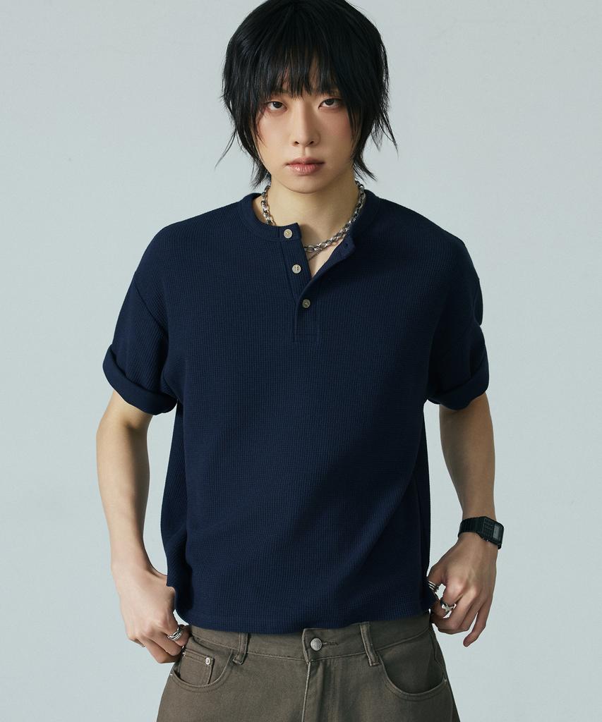 LXT Waffle Henley Neck Crop Short Sleeve T-Shirt [Navy]