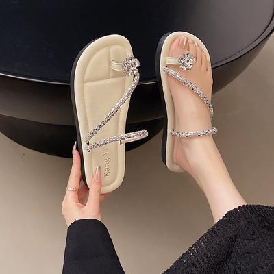 Flat-bottomed French Set of Toe Cool Slippers Fairy Shoes 2025 New Summer Soft-soled with Skirt Rhinestone Flower Sandals