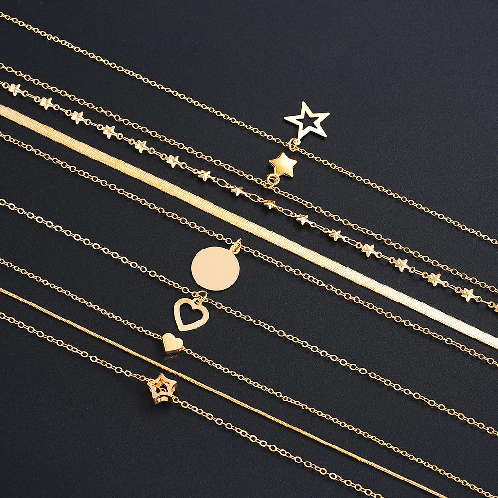 7pcs/Set Simple Star Heart Pendant Necklace Set For Women Fashion Gold Color Elegant Layered Necklace Female Charms Jewelry Gift