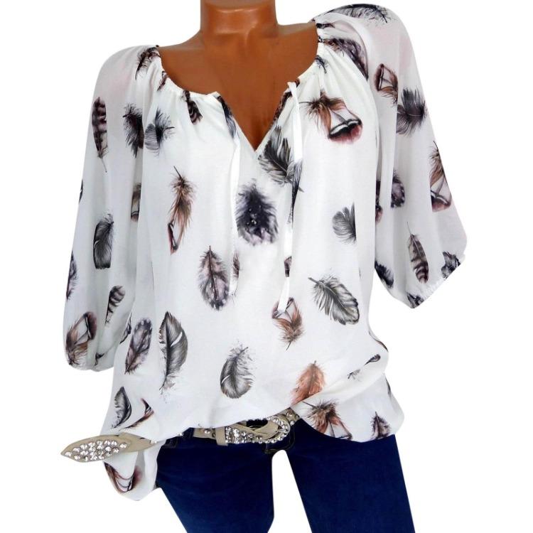 Women's Casual V Neck Flowy Printed Pullover T-Shirt Half Sleeve Top Fashion Qunide