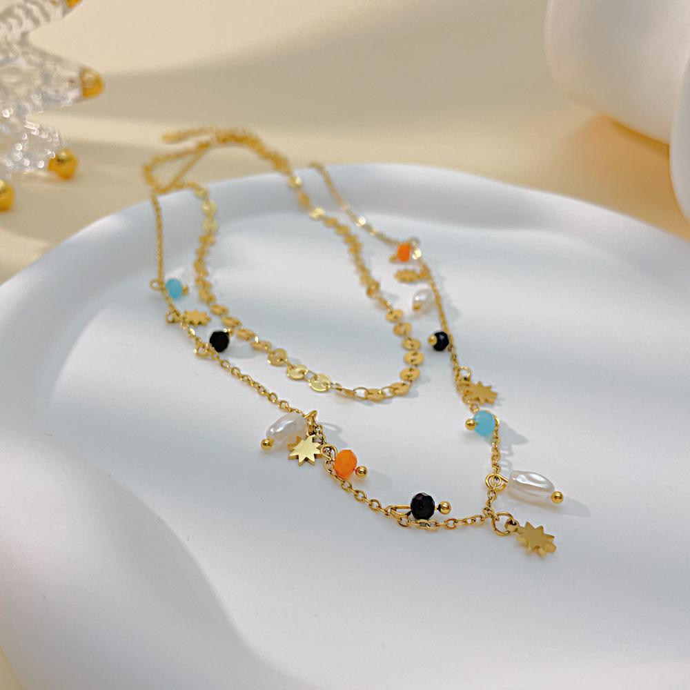 Fashion Titanium Steel Double Layer Stacked Wearing Advanced Ethnic Style Stainless Steel Pearl Necklace Women