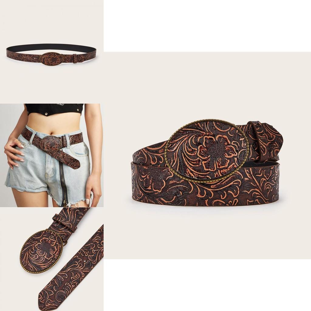 Fashion Retro Flower Pattern Oval Buckle Decoration Women Wide Belt For Hiphop Enthusiasts