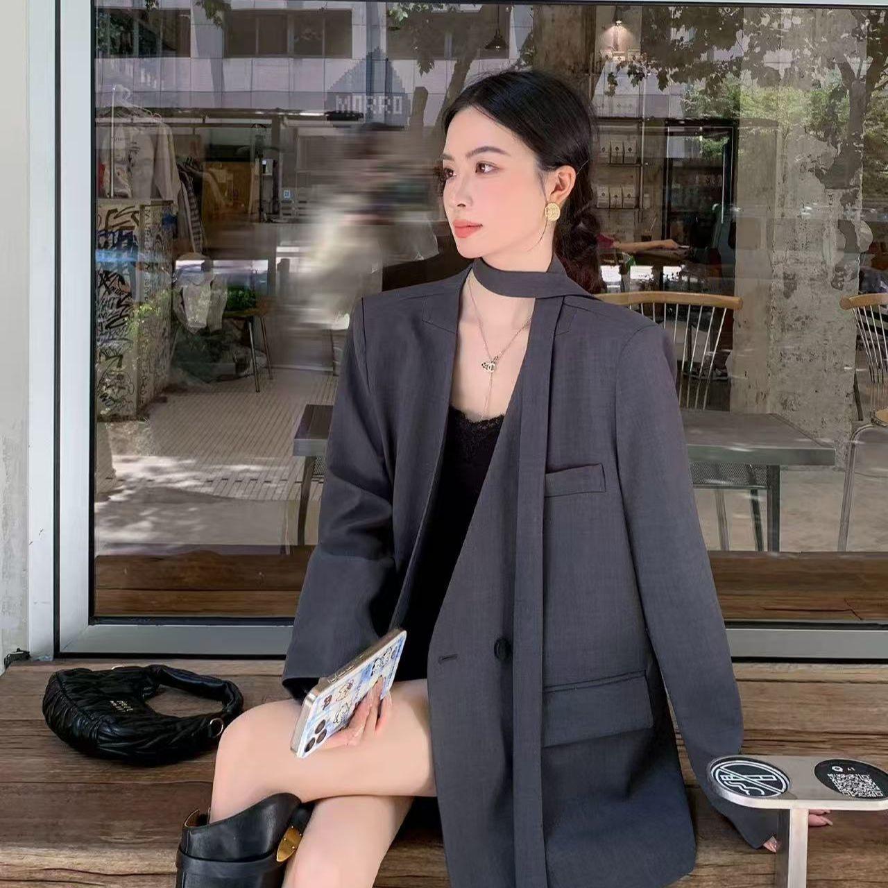 

Элегантный повседневный блейзер с поясом для женщин, весна-осень, свободного кроя, с рукавами на завязках, приталенный офисный костюм XL серый