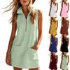 Cotton Linen Zip Neck Dresses for Women Summer Sleeveless Short Dress Loose Fit Casual Beach Tank Dress