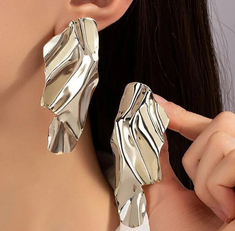 Trendy Geometric Irregular Metal Stud Earrings with Mirror Finish