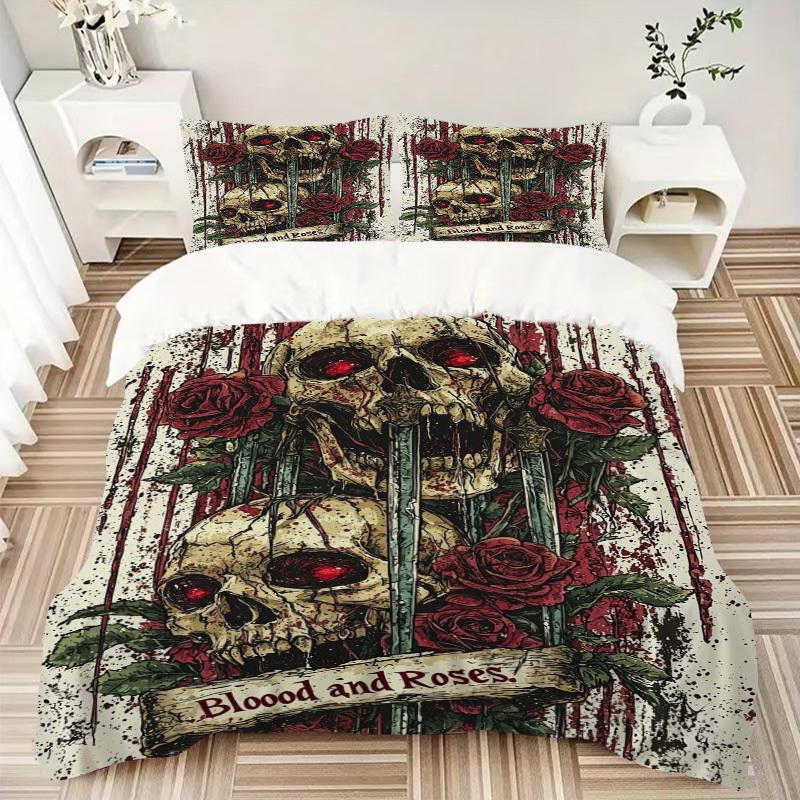 Set de așternut Anime Craniu Sânge și Trandafiri 3 buc - Include O Husă de Plapumă și Două Fețe de Pernă (Fara Core) - Decorațiuni Interioare Gotice pentru Dormitor și Gu