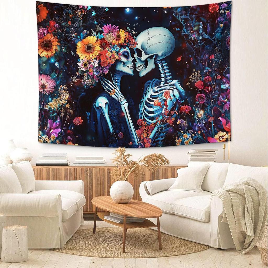 Skeleton Lovers Tapestry Floral Skull Aesthetic Tapestries Horror Gothic Hanging Wall Art Decor Home Decoration for Bedroom Livi