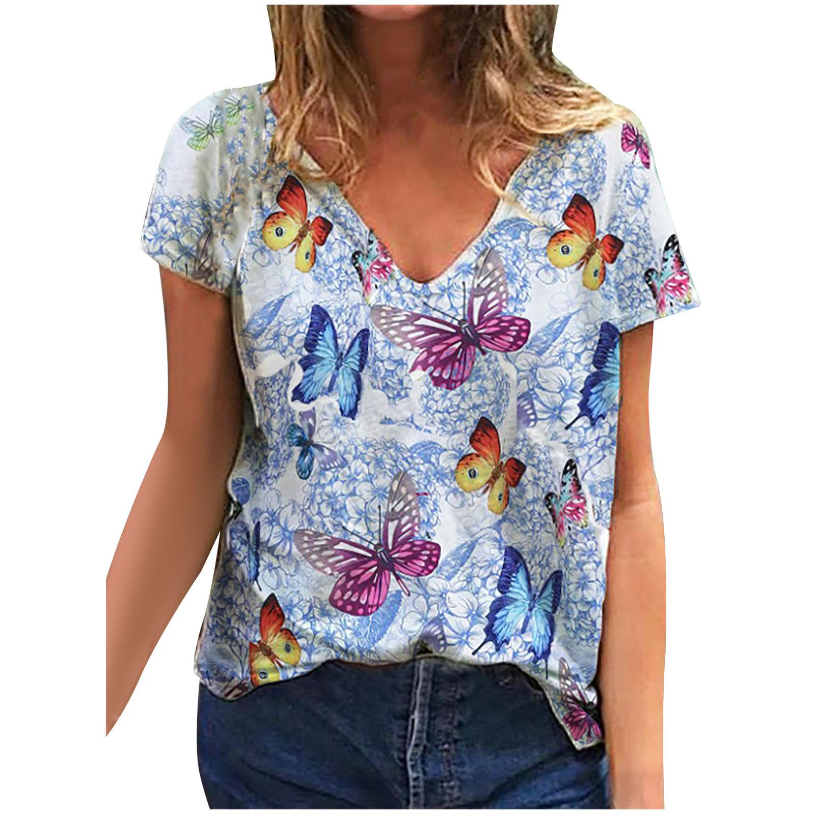 

Модные весенние блузки с принтом бабочек, футболки с коротким рукавом и V-образным вырезом, повседневные M белый