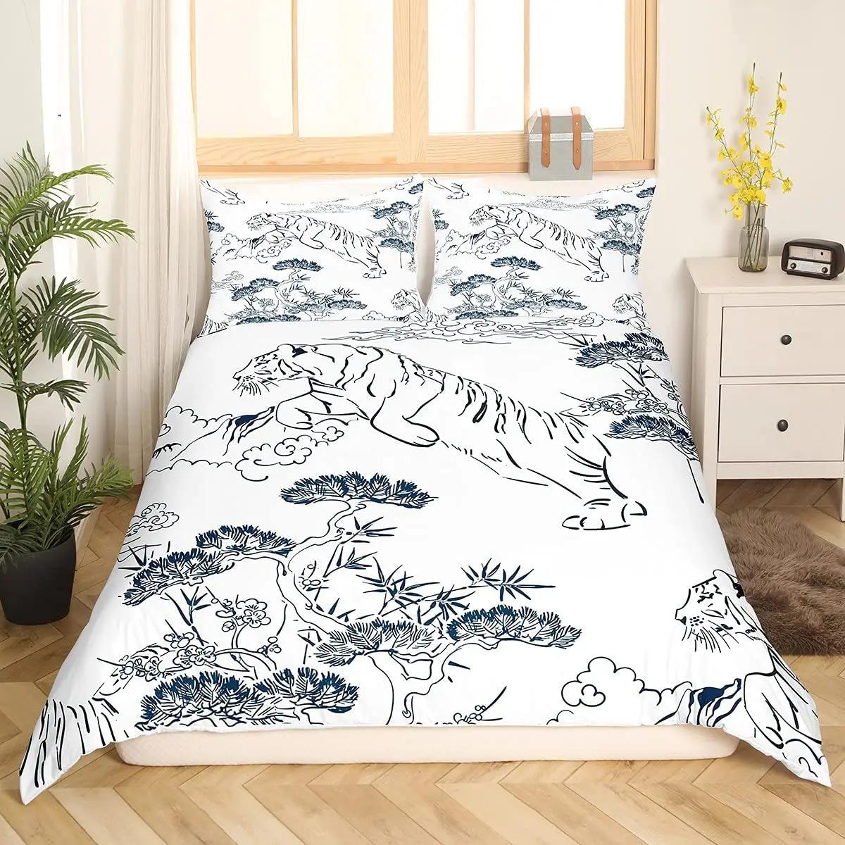 

Tiger Wild Animals Duvet Cover Set King Of The Forest Pattern Polyester Comforter Cover King Queen Full Size For Kids Boys Girls AU Double(180x210cm)