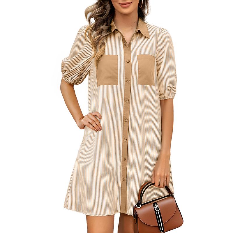 2026 European American Short-Sleeve Striped Shirt Dress - Women's Single-Breasted Style