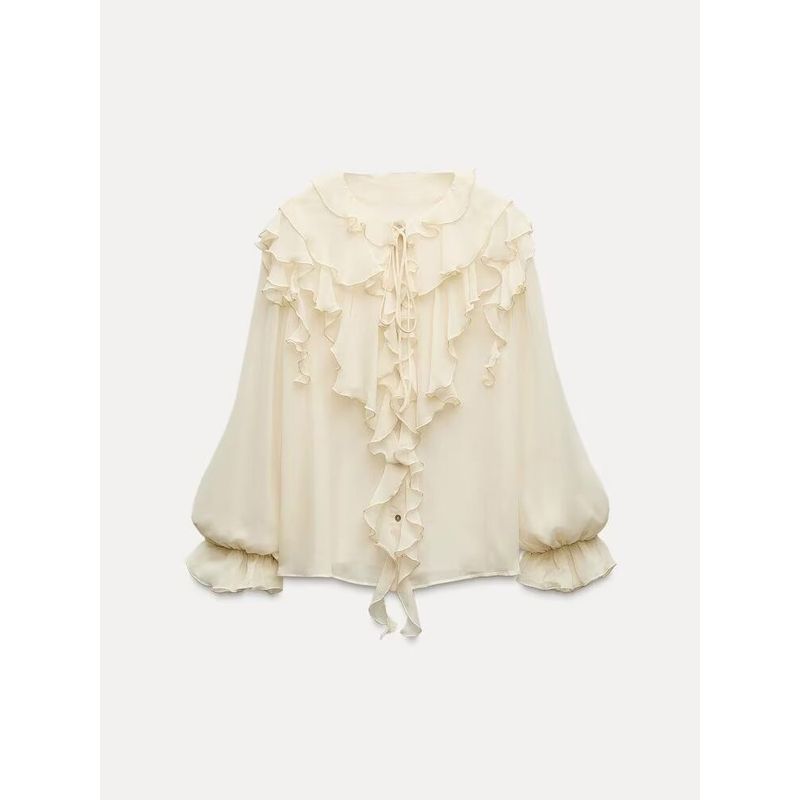 

Za2024 Autumn New Women s Clothing Sweet Lotus Leaf Collar Bows and Laminated Decoration Shirt 8857334 Beige L