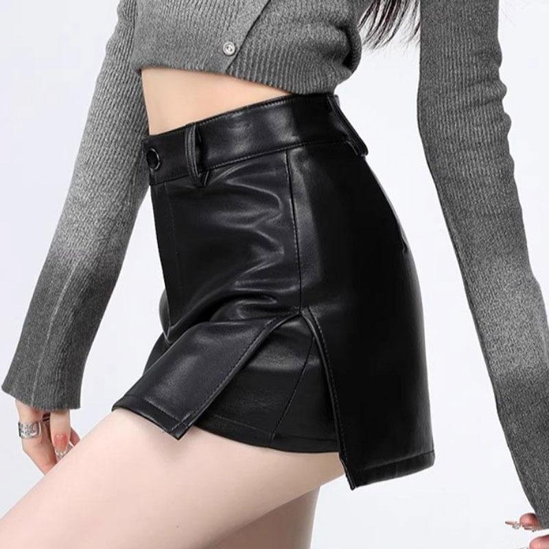 Women's Pu Leather Skirt Y2k High Waist Slit A-line Shorts Mini Skirt Slim Fit Female Clothing Autumn Winter