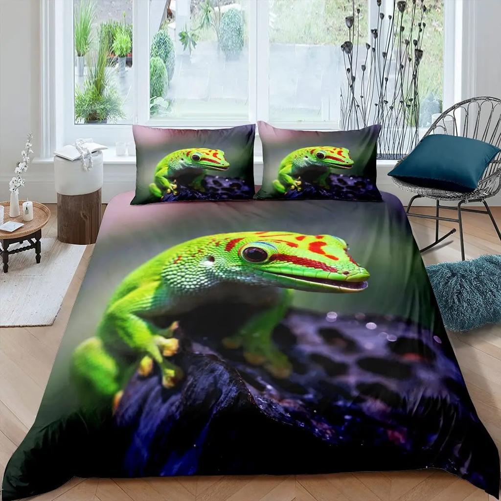 Chameleon Duvet Cover Set 3D Wild Animal Theme Twin Bedding Set Wildlife Comforter Cover Boys Green Leaf Polyester Quilt Cover