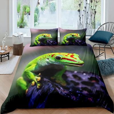 Set Copripiumino Camaleonte Tema Animali Selvatici 3D Set Biancheria da Letto Singolo Copripiumino Fauna Selvatica Ragazzi Foglia Verde Poliestere Copripiumino