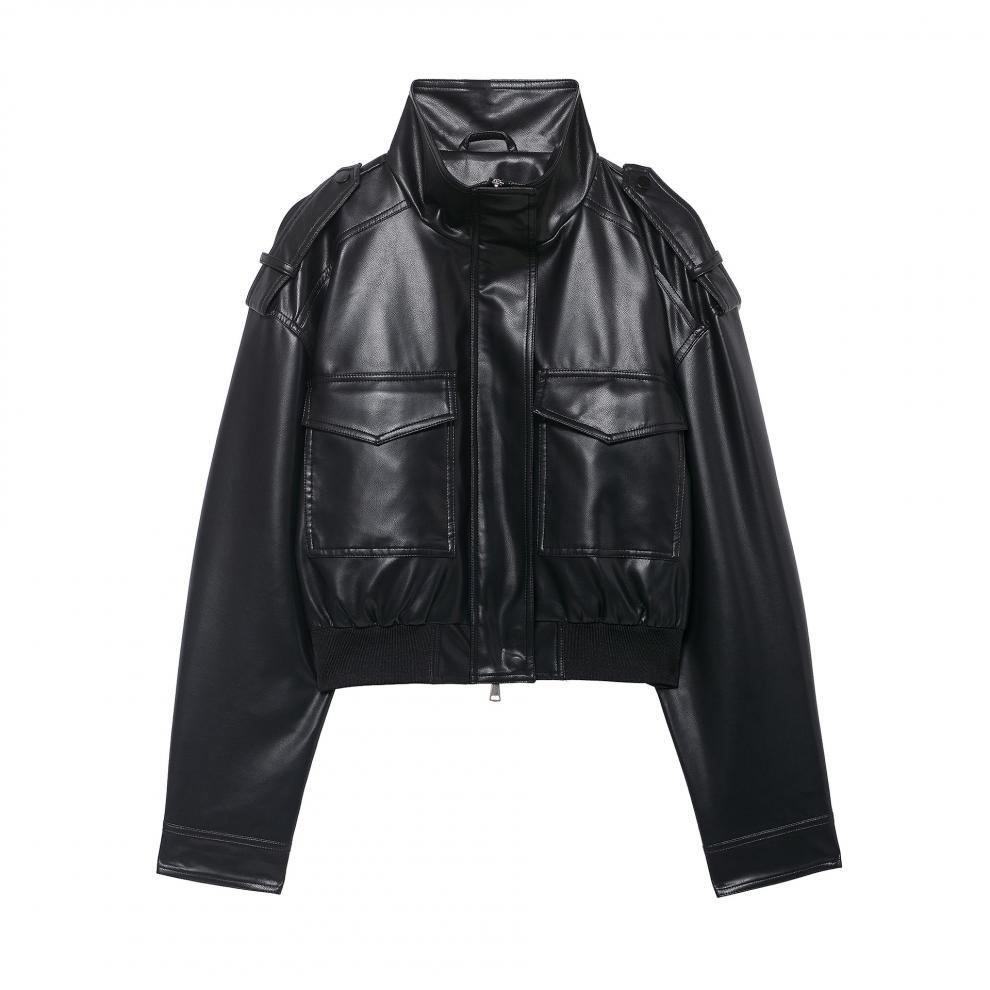 European and American Style, New Women's Clothing, Fashionable, Versatile, Cross-border Stand-up Collar Imitation Leather Strap Jacket