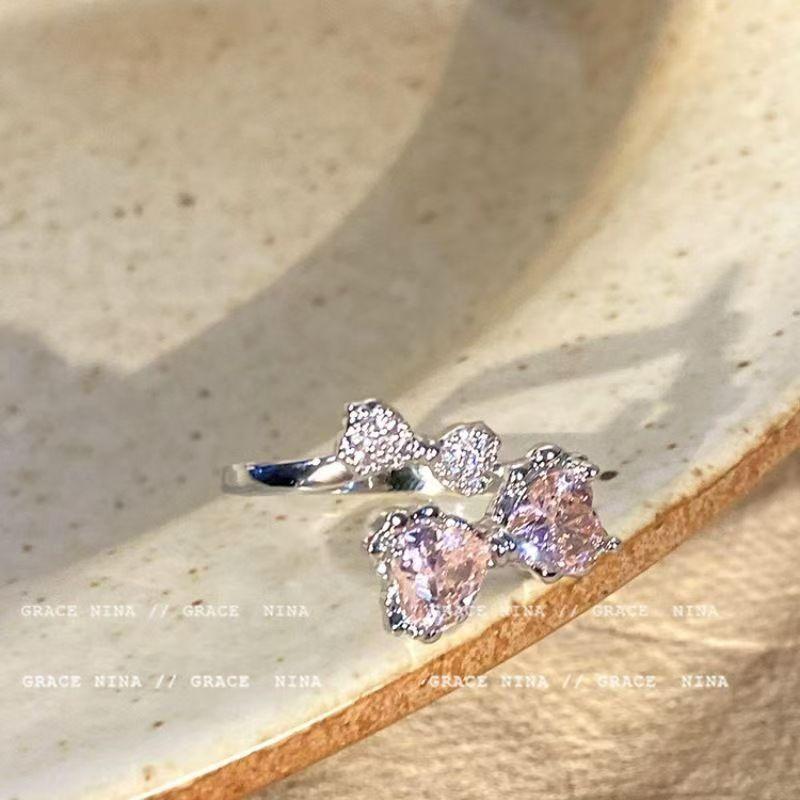 Pink diamond bow ring, women's light luxury temperament index finger ring, niche design, high-end fashion ring
