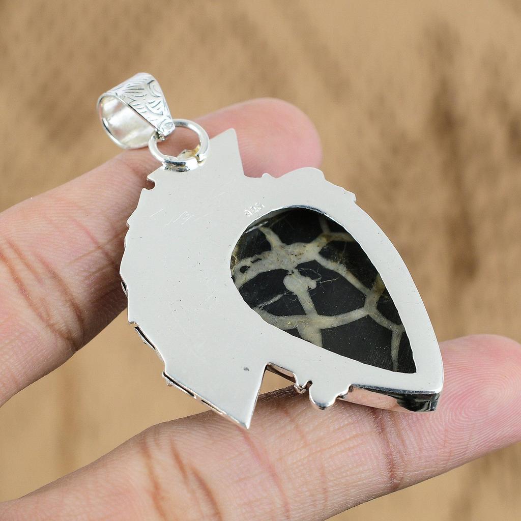 Natural Moroccan Mud Crack Fossil Gemstone Pendant 925 Sterling Silver Jewelry