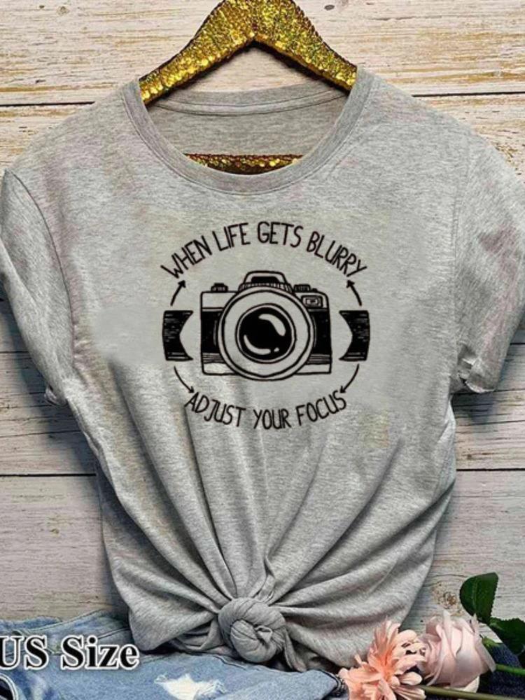 Adjust Your Focus Letter Camera Print T Shirt Women Short Sleeve O Neck Loose Women Tshirt Ladies Summer Tee Shirt Tops Clothes