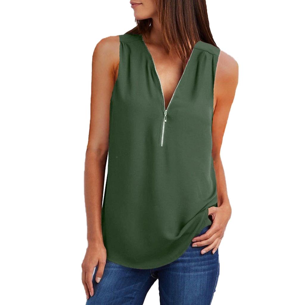 Women‘s Zipper V-Neck Sleeveless Casual Solid Tops Blouse Loose Vest T-Shirts