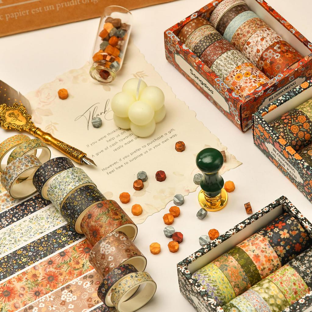 Songdao 12 Rolls Floral Masking Tape Blooming Garden Washi Tape for DIY Crafts Set, Design, Women, Packaging, (Evening Song)