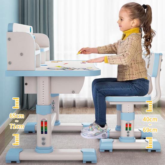 Kids Functional Desk and Chair Set Height Adjustable Children School Study Table Chair Set with Cartoon Pattern Ergonomic Desk Chair (Pink, Blue)