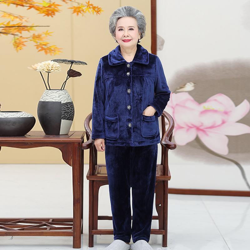 Grandma Pajamas Loose Autumn Winter Warm Long Sleeve Trousers Home Service Suit Solid Casual Suit