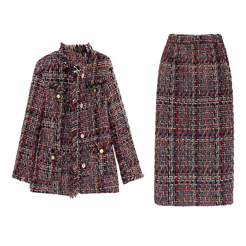Chic Winter Plaid Jacket & Skirt Cotton Set HM2872