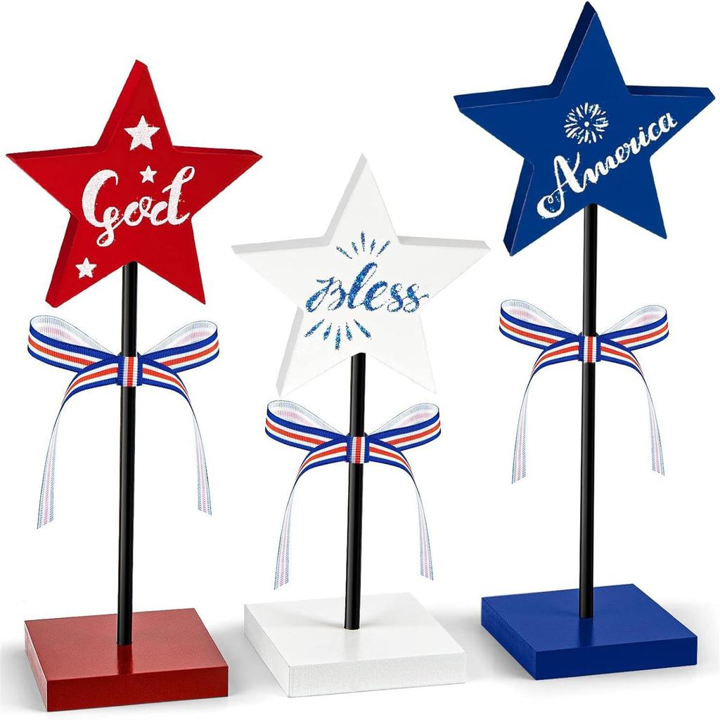 Patriotic Wooden Star Tabletop Decor Set Standing Independence Day Wood Signs with Ribbon Bows for Holiday Celebration Home Decoration