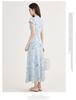 2026 Frühling/Sommer Elegantes blaues Blumen-A-Linien-Kleid: Taillenbetonend, Kurzärmelig, Französischer Stil