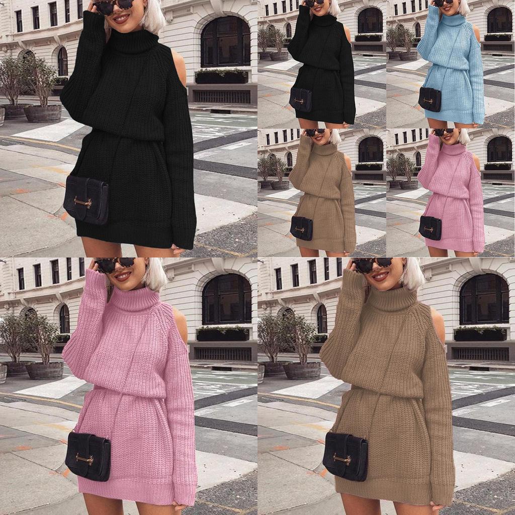 Premium Quality Autumn And Winter Mid Length High Collar Off Shoulder Sweater Dress Mini Dress For Effortless Style