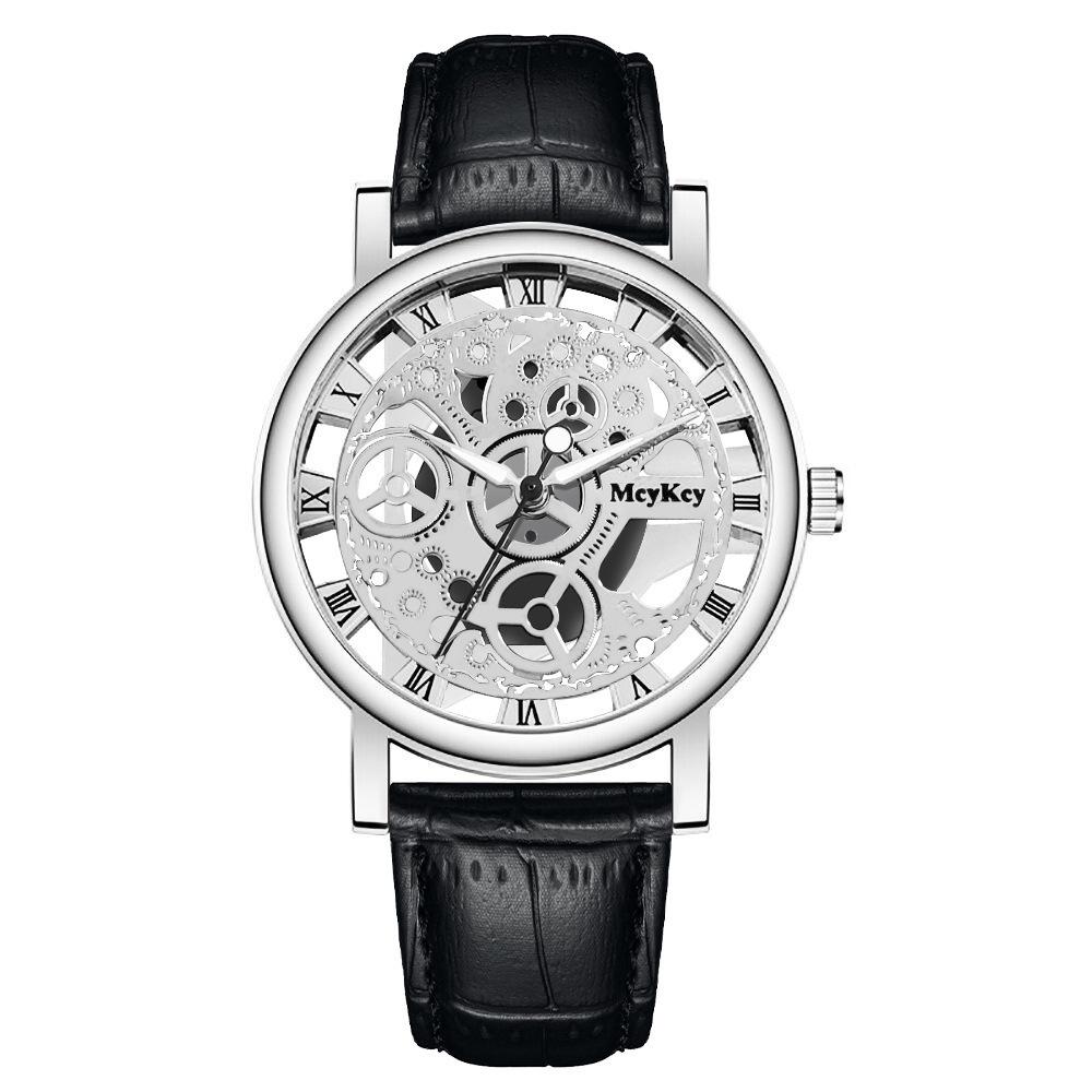 Men's Transparent Bottom Hollow-Out Leather Strap Quartz Watch