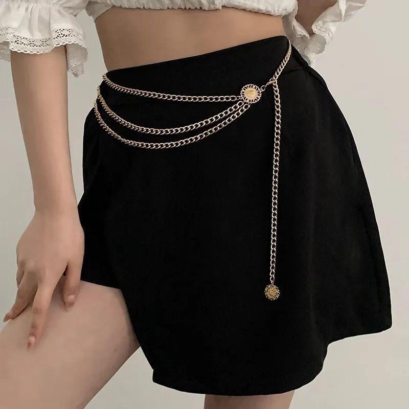 Sparkling Multilayered Metal Waist Chain Rhinestone Decor Golden Silvery Metal Chain Punk Dress Girdle For Women