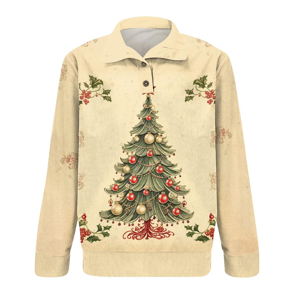 Men's Christmas Cotton Pullover Long Sleeve Outdoor Shirt Vintage Corduroy Button Stand Collar Shirt Casual Sweatshirt Christmas Print Top
