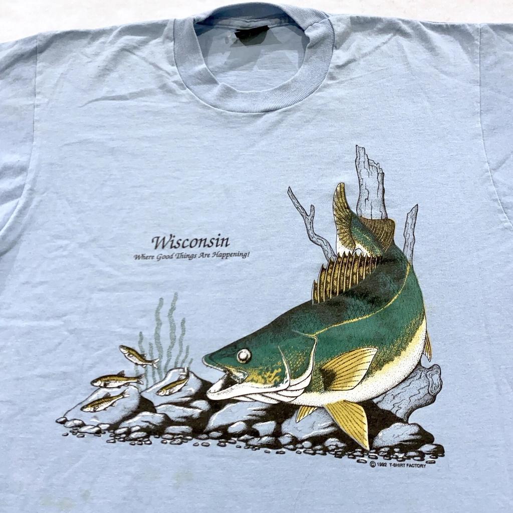 Vtg 90s WISCONSIN LARGE MOUTH BASS FISHING T-Shirt MEDIUM Soft Thin Nature Fish