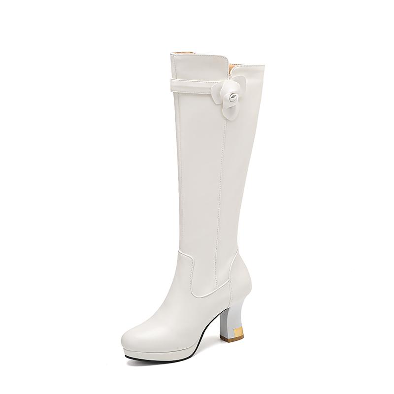

Платформа с круглым носком, ультравысокий толстый каблук, боковая молния, дышащие, осенние новинки, ботфорты до колена, цветочный декор, офисные рыцарские сапоги 39 белый