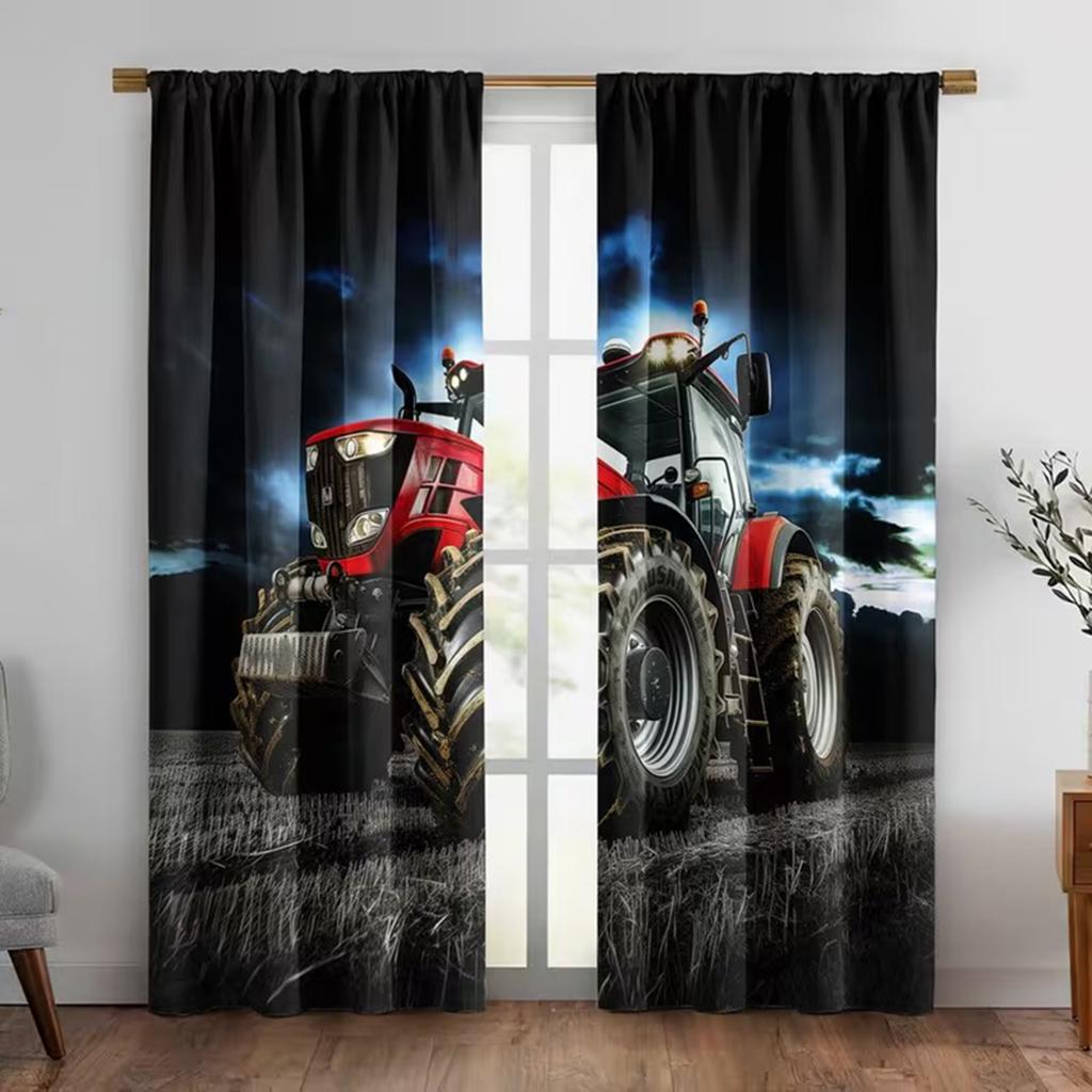 2 Stück Vorhangstoff, isolierte halbverdunkelnde Vorhänge für Schlafzimmer, roter Traktor-Druck, natürliche Landhaus-Vorhänge und Fenster-S