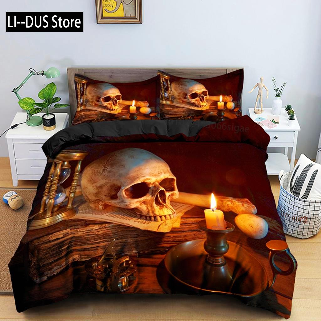 White And Black Skull Gothic Duvet Cover Skeletal Bedding Set Quilt Cover With Zipper Closure Queen Size Comforter Sets Decor
